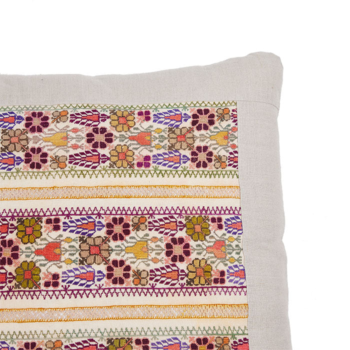 (CORNER DETAIL) Antique Greek Island Embroidery Pillow. Early 20th C. Silk floss on linen with petit point, embroidery and pullwork. Inset into a natural linen fabric frame with same linen back. Invisible zipper closure and feather and down fill. 19" x 22"