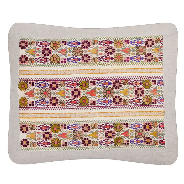 Antique Greek Island Embroidery Pillow. Early 20th C. Silk floss on linen with petit point, embroidery and pullwork. Inset into a natural linen fabric frame with same linen back. Invisible zipper closure and feather and down fill. 19" x 22"