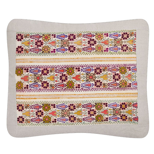 Antique Greek Island Embroidery Pillow. Early 20th C. Silk floss on linen with petit point, embroidery and pullwork. Inset into a natural linen fabric frame with same linen back. Invisible zipper closure and feather and down fill. 19" x 22"