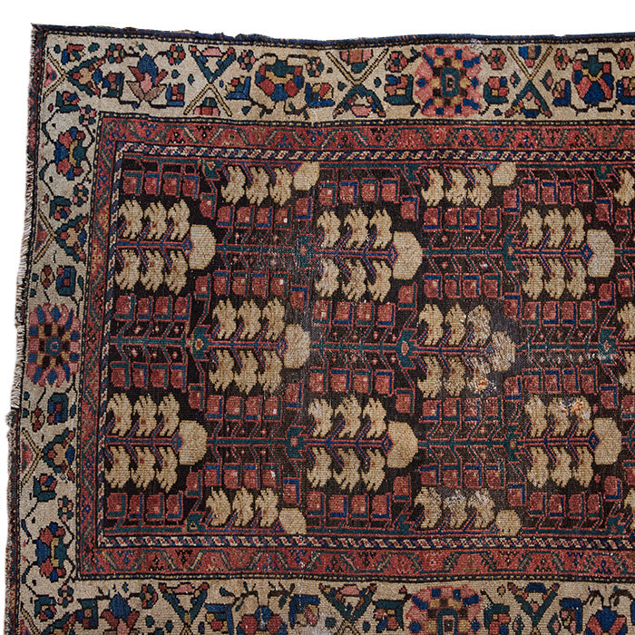(CORNER DETAIL 1) Antique Hamadan Rug. Early 20th C. Hamadan knotted rug made in NW Persia. Attractive colors with some repairs as shown. 77" x 45"