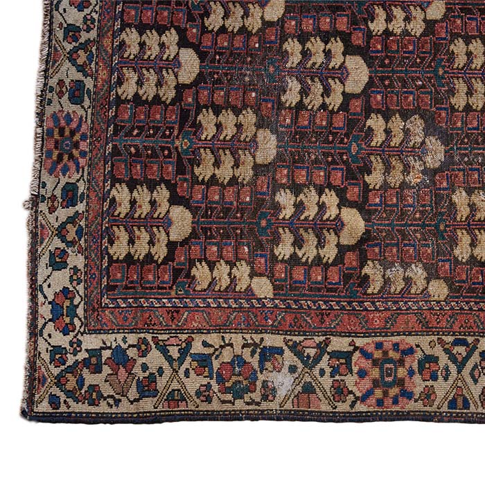 (FRINGE AND CORNER) Antique Hamadan Rug. Early 20th C. Hamadan knotted rug made in NW Persia. Attractive colors with some repairs as shown. 77" x 45"