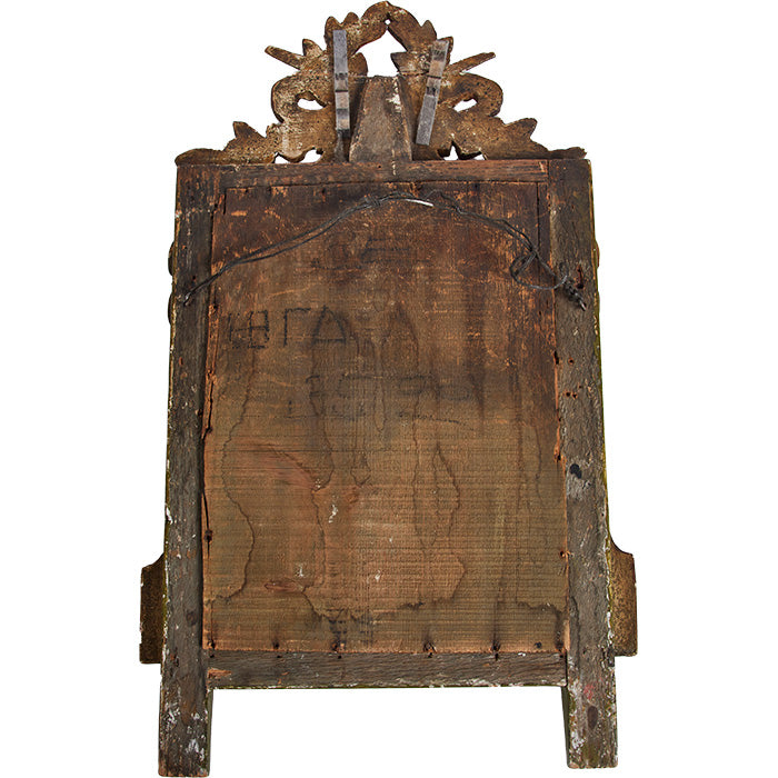 (BACK DETAIL) Antique Italian Mirror. Polychromed wood. Age appropriate distressing and repairs. Generally good condition with replacement antiqued mirror. Two almost identical available.