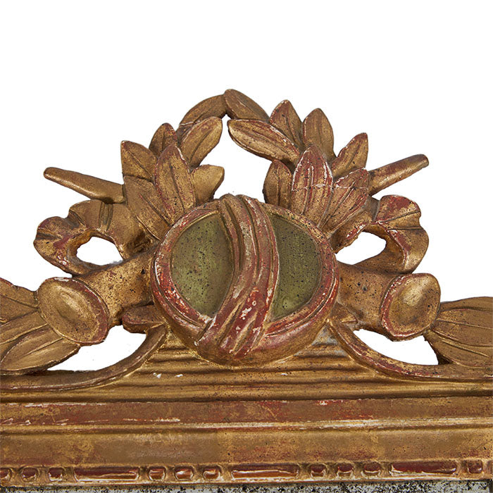 (CROWN DETAIL) Antique Italian Mirror II. Polychromed wood. Age appropriate distressing and repairs. Generally good condition with replacement antiqued mirror. Two almost identical available. 22" H x 12.5" W