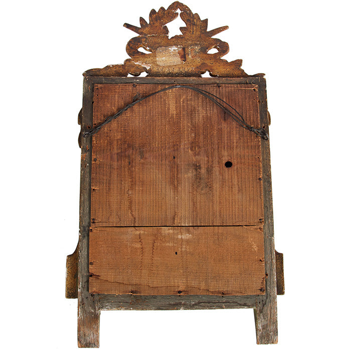 (BACK PANEL DETAIL) Antique Italian Mirror II. Polychromed wood. Age appropriate distressing and repairs. Generally good condition with replacement antiqued mirror. Two almost identical available. 22" H x 12.5" W