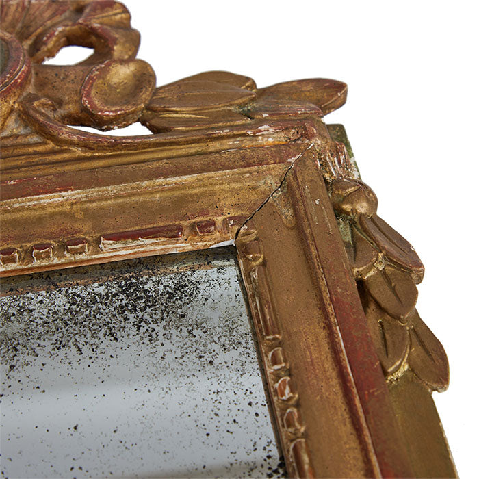 (CORNER DETAIL) Antique Italian Mirror II. Polychromed wood. Age appropriate distressing and repairs. Generally good condition with replacement antiqued mirror. Two almost identical available. 22" H x 12.5" W