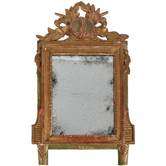 Antique Italian Mirror II. Polychromed wood. Age appropriate distressing and repairs. Generally good condition with replacement antiqued mirror. Two almost identical available. 22" H x 12.5" W