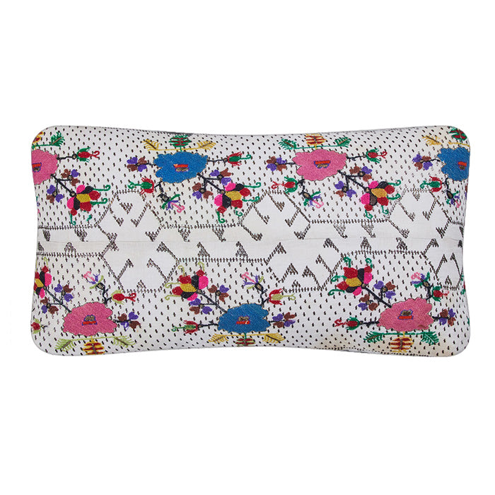 Antique Ottoman Embroidery Pillow IV, early 20th-century Turkish origin. Metallic thread and brightly colored silk floss embroidery on handwoven linen. Natural linen back, invisible zipper closure, feather and down fill. Measures 11" x 21"