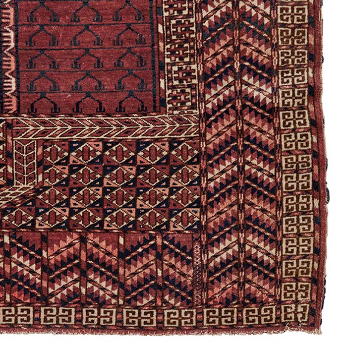 (RIGHT CORNER DETAIL) Antique Turkoman Rug. Late 19th C. Hand knotted wool. Even pile. Classic geometric Turkoman design with natural dyes. Uzbek or Afghani. 46" x 56"