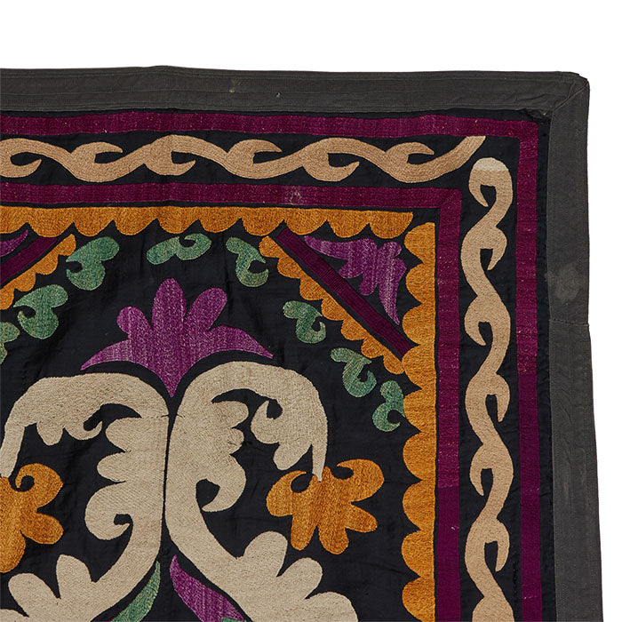 (DETAIL RIGHT) Antique Uzbek Suzani. Early 20th C. hand embroidered wall hanging. Original dowry piece. Backed as shown and cloth loops for hanging. Central Asia. 49" x 33"