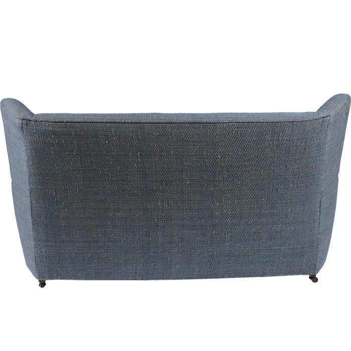 (BACK VIEW) Art Deco Love Seat with French upholstery fabric in Eye Blue. 1930s design on wooden wheels.