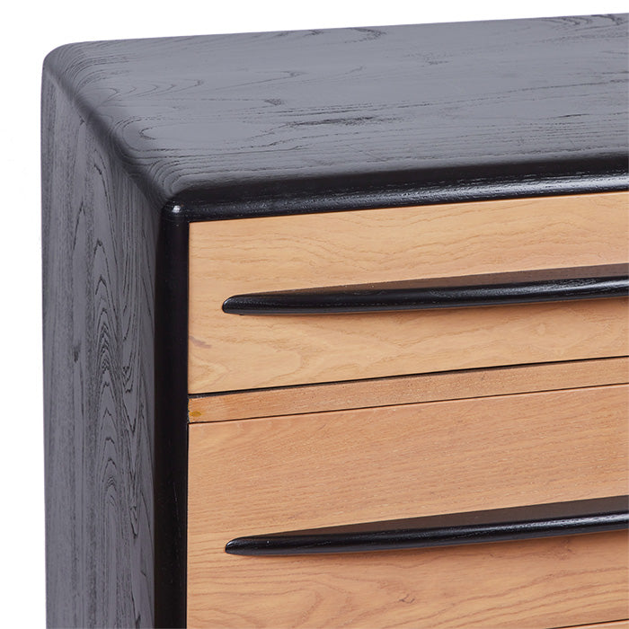 (TOP CORNER DETAIL) Art Deco Style Bureau with four drawers in ebony and natural wool. Late Deco - 1940s design.
