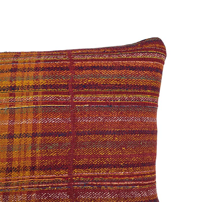 (CORNER DETAIL) Banjara Pillow Fine Weave. Striped hand woven Banjara textile. Made in Gujarat State in India. Black linen back. Invisible zipper closure, feather and down fill. 17" x 26"