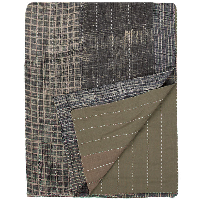(INNER DETAIL) Indian Cotton Bedcover Gray. Contemporary Indian bedcover. Hand-tinted, block-printed, over-dyed fine cotton fabric. Hand-quilted with cotton backing. Hand made therefore each piece varies slightly. 98" H x 96" W