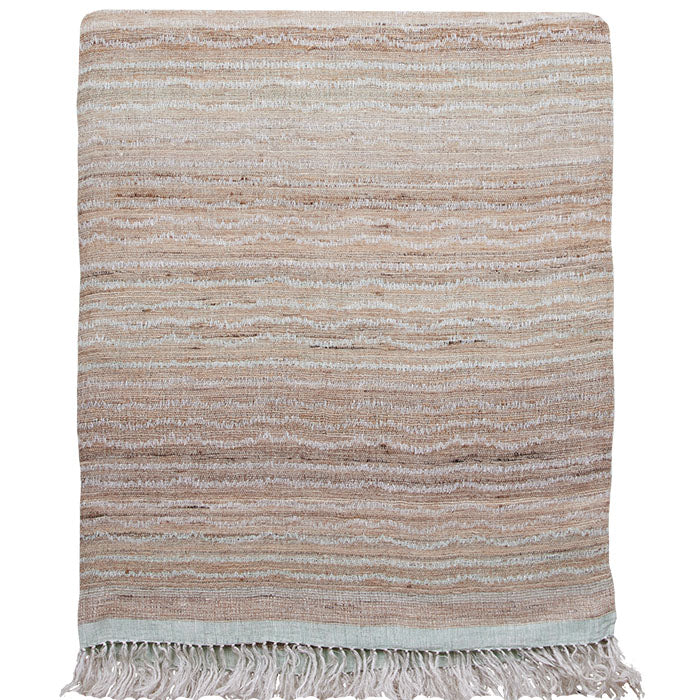Bedcover Ocean Stripe Natural Pale Mint, Linen & Raw Silk. Handwoven Designer Textile from India. H 115 in. x W 88 in. H 292 cm x W 224 cm.