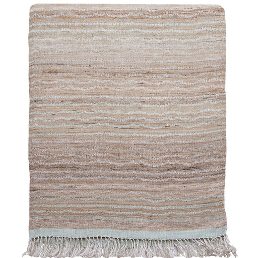 Bedcover Ocean Stripe Natural Pale Mint, Linen & Raw Silk. Handwoven Designer Textile from India. H 115 in. x W 88 in. H 292 cm x W 224 cm.