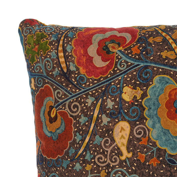 (TOP LEFT CORNER) Cotton Velvet Pillow. Contemporary cotton velvet floral print fabric pillow with gold cotton velvet back. Invisible zipper closure and feather and down fill. Two available. Priced individually. 24" x 24"