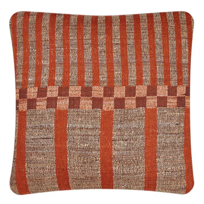 Mondrian Terra Cotta Wool & Tussar Silk. Decorative Pillow. Natural linen back. Invisible zipper closure. Feather and down fill. Neeru Kumar Handwoven Designer Textiles from India. Exclusive to Pat McGann. Yardage available.
