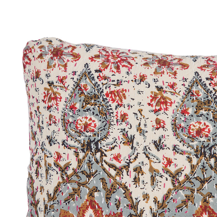 (CORNER DETAIL) Quilted Cotton Pillow Double Sided II. Floral print cotton used on both sides with all over quilting stitches. Invisible zipper closure, feather and down fill. 13" x 23"