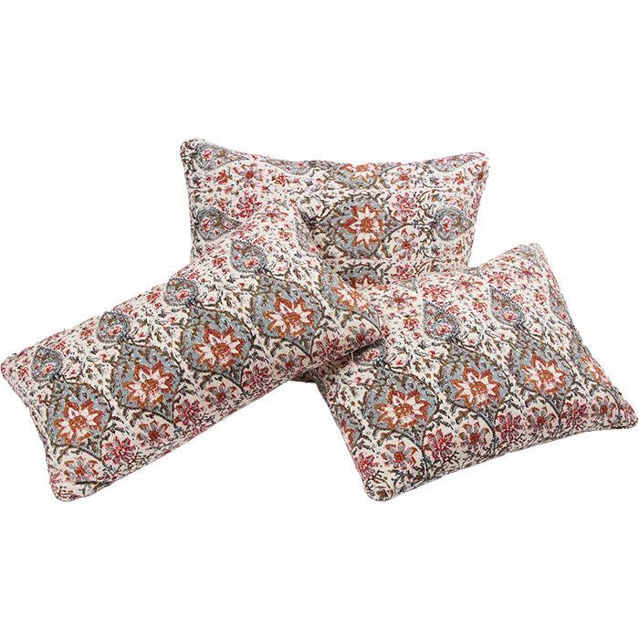 (GROUP OF PILLOWS DETAIL) Quilted Cotton Pillow Double Sided II. Floral print cotton used on both sides with all over quilting stitches. Invisible zipper closure, feather and down fill. 13" x 23"