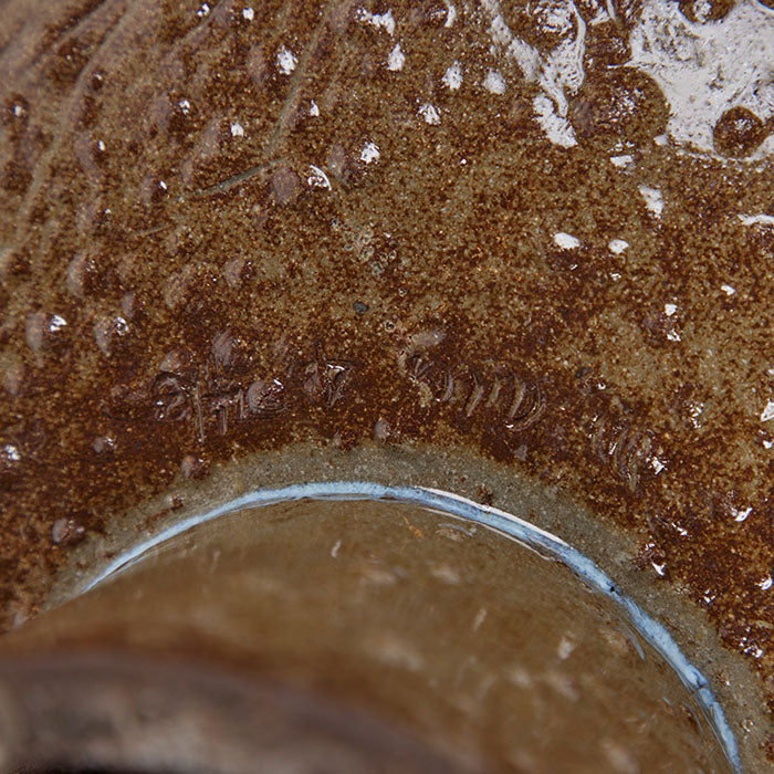 (SIGNATURE BOTTOM DETAIL) Glaced ceramic footed bowl. "Three Graces" Footed Bowl. Studio produced footed bowl with incised female figures on top. Indistinguishable signature at bottom as shown.