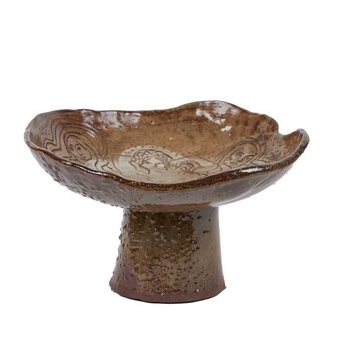 Glaced ceramic bowl. "Three Graces" Footed Bowl. Studio produced footed bowl with incised female figures on top. Indistinguishable signature at bottom as shown.