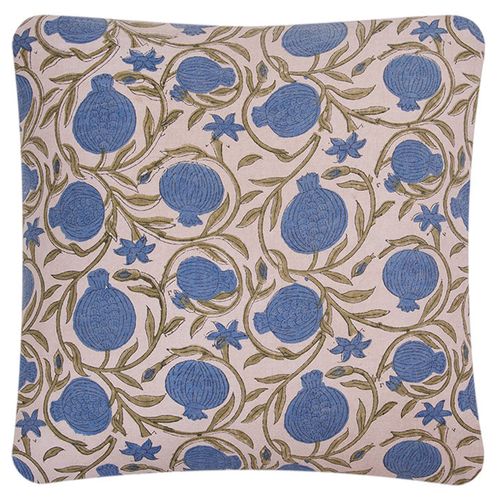 (BLUE SIDE) Indian Blockprint Double Sided Pillow. Pillow with back and front contrasting colors (blue and red)of same floral design. Hand blockprinted cotton. Invisible zipper closure and feather and down fill. Two available. Priced individually. 19" x 19"