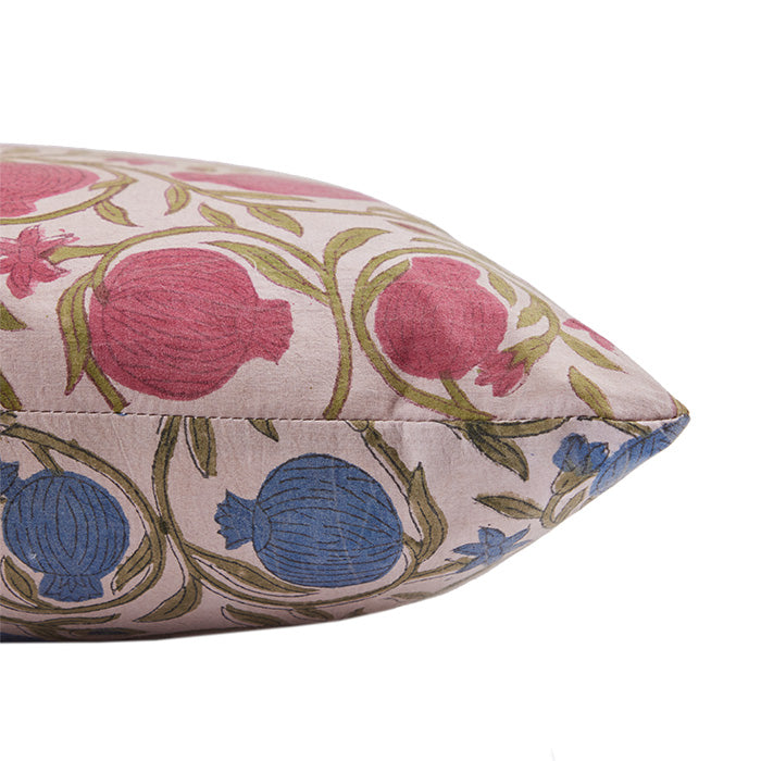 (SIDE DETAIL 2 COLOR) Indian Blockprint Double Sided Pillow. Pillow with back and front contrasting colors (blue and red)of same floral design. Hand blockprinted cotton. Invisible zipper closure and feather and down fill. Two available. Priced individually. 19" x 19"