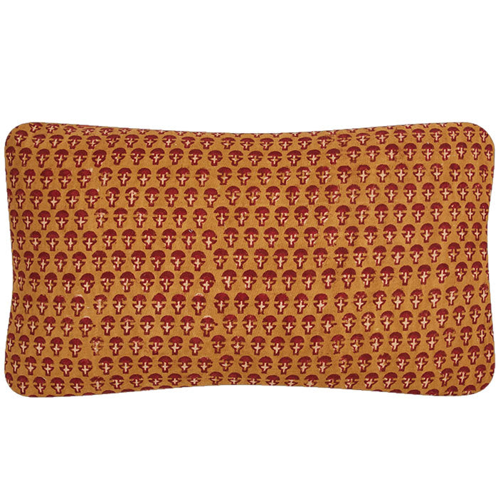 (BACK) Indian Blockprint Double Sided<br />Pillow II. Pillow with back and front contrasting but similar designs, same colors. Hand block printed cotton. Invisible zipper closure and feather and down fill. Two available. Priced individually. 14" x 24"