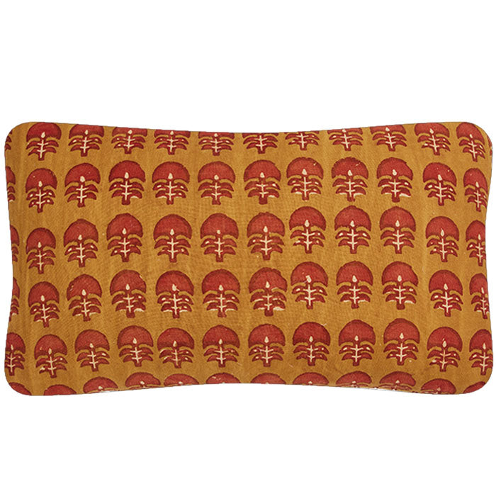(FRONT) Indian Blockprint Double Sided<br />Pillow II. Pillow with back and front contrasting but similar designs, same colors. Hand block printed cotton. Invisible zipper closure and feather and down fill. Two available. Priced individually. 14" x 24"