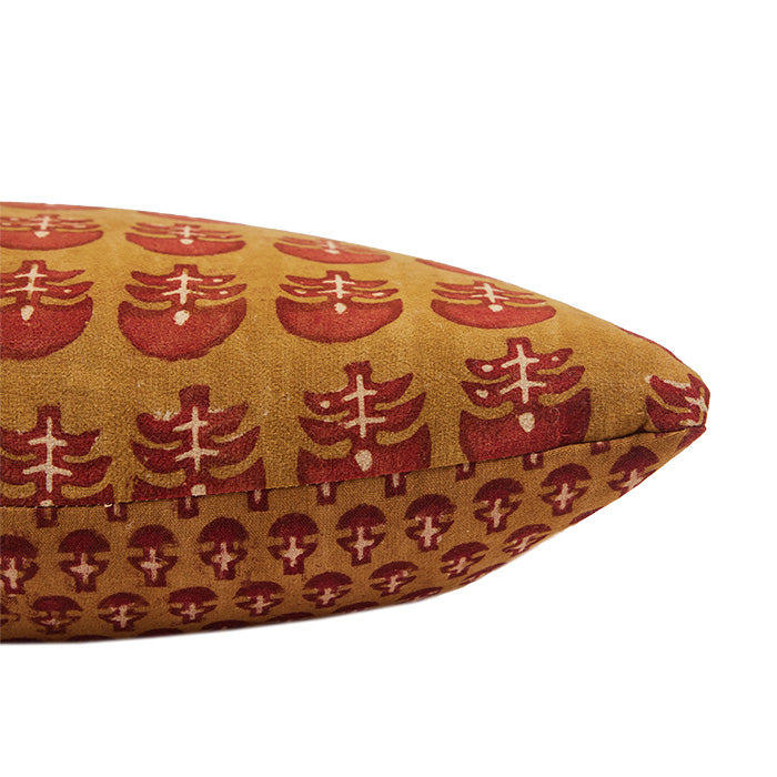 (SIDE CORNER DETAIL) Indian Blockprint Double Sided<br />Pillow II. Pillow with back and front contrasting but similar designs, same colors. Hand block printed cotton. Invisible zipper closure and feather and down fill. Two available. Priced individually. 14" x 24"