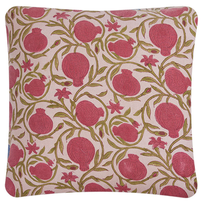 (RED SIDE) Indian Blockprint Double Sided Pillow. Pillow with back and front contrasting colors (blue and red)of same floral design. Hand blockprinted cotton. Invisible zipper closure and feather and down fill. Two available. Priced individually. 19" x 19"