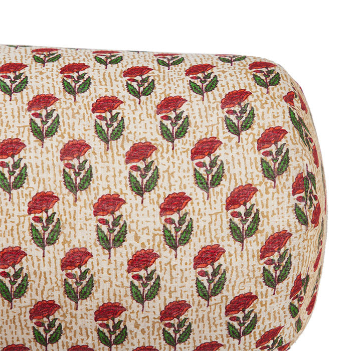 (CORNER DETAIL) Indian Block Print Bolster Pillow. Contemporary Indian cotton bolster pillow. Invisible zipper closure added. Feather and down fill. Two available. Priced individually. 21" x 9"