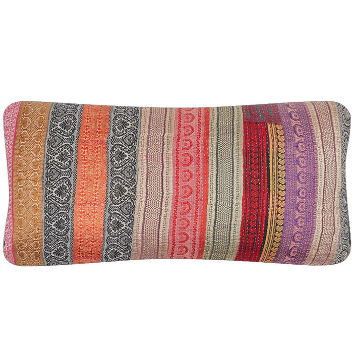 Indian Sari Trim Pillow II. Vintage silk ribbon sari trims reconfigured into fabric. Black linen back, invisible zipper closure, feather and down fill. 14" x 28"
