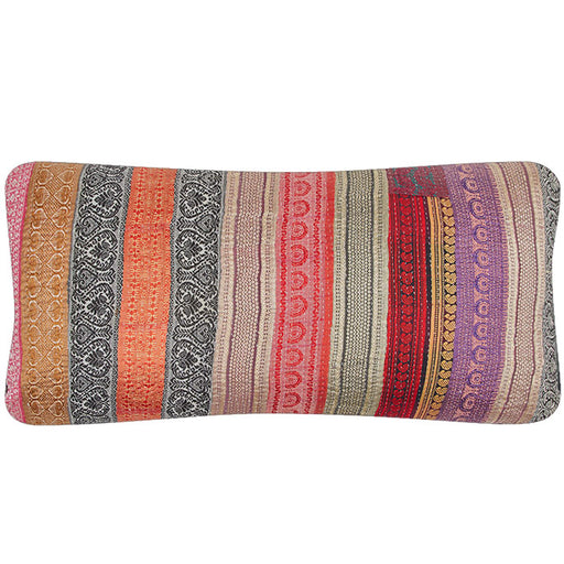 Indian Sari Trim Pillow II. Vintage silk ribbon sari trims reconfigured into fabric. Black linen back, invisible zipper closure, feather and down fill. 14" x 28"