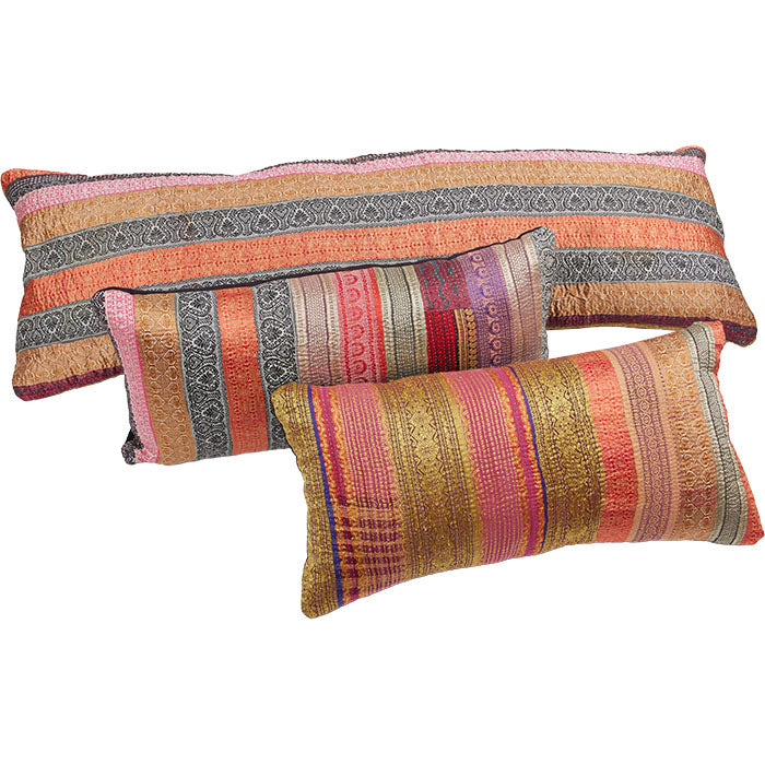 (GROUP OF INDIAN PILLOWS) Indian Sari Trim Pillow. Vintage silk ribbon sari trims reconfigured into fabric. Black linen back, invisible zipper closure, feather and down fill. 14" x 28"