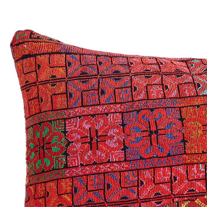 (CORNER DETAIL) Levantine Needlepoint Embroidery Throw Pillow II. Cotton floss petit point embroidery on cotton with black linen back. Invisible zipper closure and feather and down fill. 18" x 28"