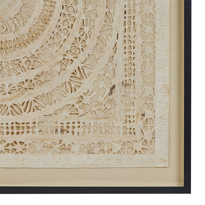 (RIGHT CORNER) Mexican Amate Paper Artwork. Intricate bark paper artwork. Northern Mexico. Framed over linen background. 44" x 44"