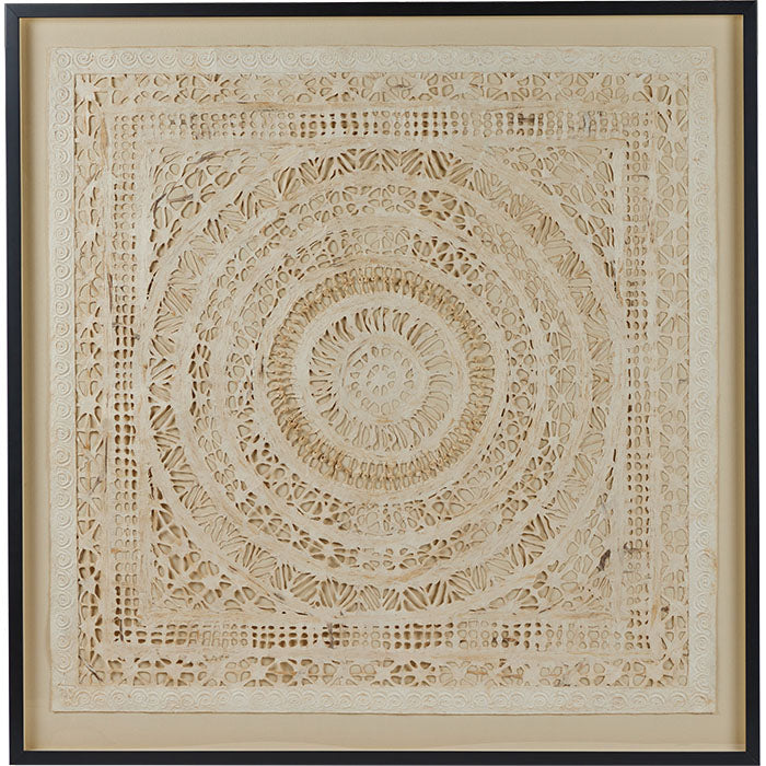 Mexican Amate Paper Artwork. Intricate bark paper artwork. Northern Mexico. Framed over linen background. 44" x 44"