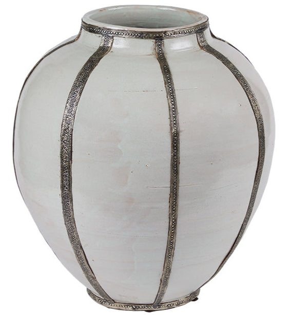 Large Moroccan Storage Vessel. 18" high terra cotta urn with white glaze and Moorish metal filigree strips. Some cracks in glaze as shown. 18" H x 19" D