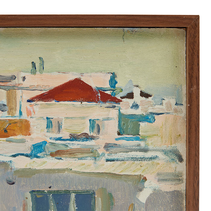 (DETAIL) Oil on Board Painting of Mediterranean Village . Small vintage oil of small village scene, North African coast. Unsigned. 6.5" x 9"