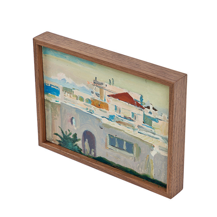 (SIDE VIEW - FRAME) Oil on Board Painting of Mediterranean Village . Small vintage oil of small village scene, North African coast. Unsigned. 6.5" x 9"
