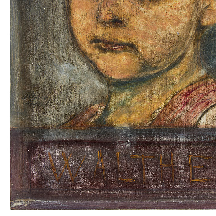 (DETAIL) Oil Painting Portrait by C. Grano of a German schoolboy, Early 20th Century. Oil on wood. Child's name WALTER as noted at bottom. 13" x 9.5"