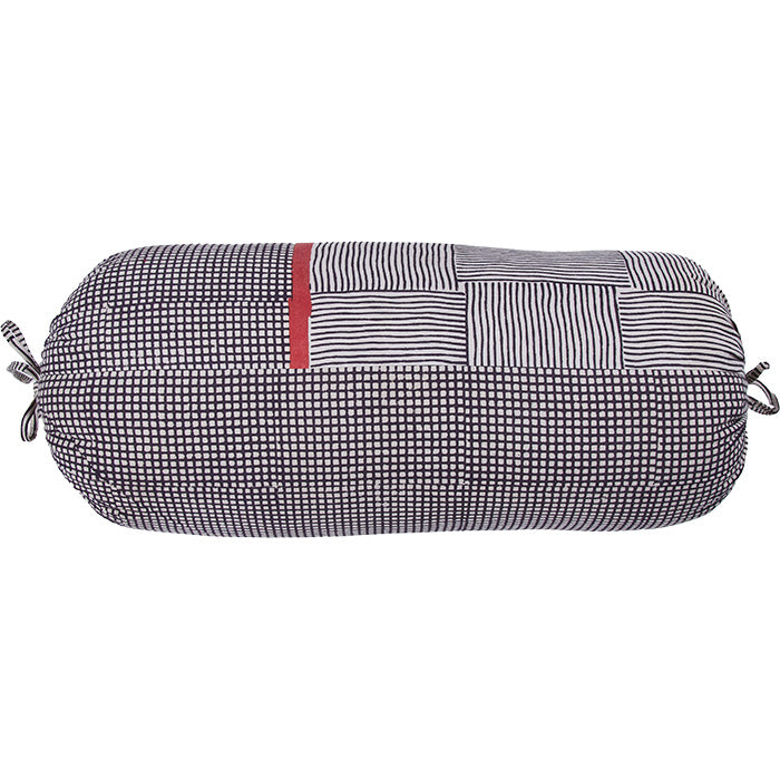 (FRONT DETAIL) Indian Block Printed Gopal Bolster Pillows. Hand block printed cotton. Large round bolsters. Tie closures. Feather and down fill. Two available.