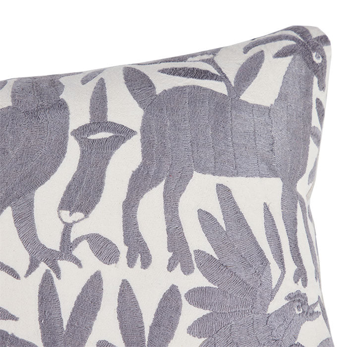 (CORNER DETAIL) Mexican Gray on White Otomi Embroidery Pillow I. Mexican Otomi embroidery pillow. Gray floss thread on white cotton. Natural linen back, feather and down fill with invisible zipper closure. 15" x 23"