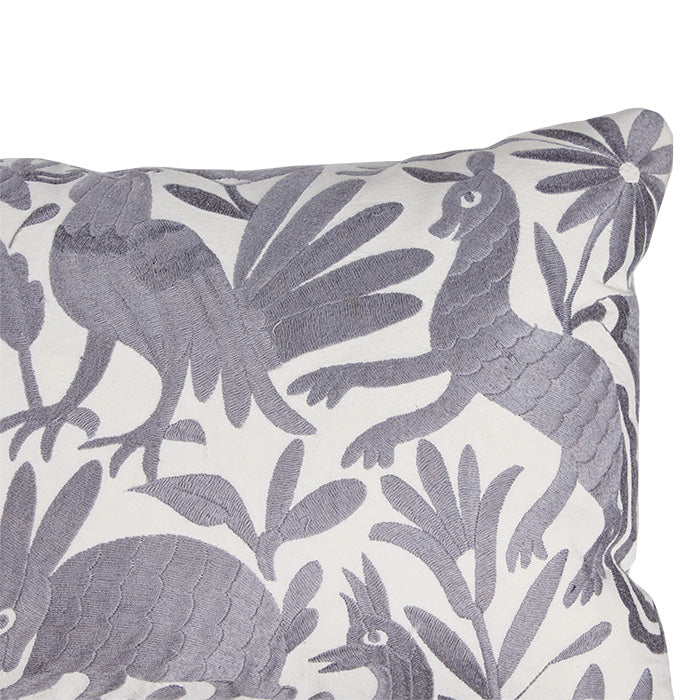 (CORNER DETAIL) Mexican Gray on White Otomi Embroidery Pillow III. Mexican Otomi embroidery pillow. Gray floss thread on white cotton. Natural linen back, feather and down fill with invisible zipper closure. 16" x 41"