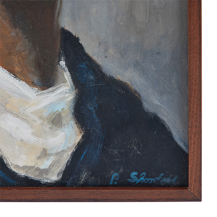 (SIGNATURE DETAIL) Portrait of a Young Black Man by P. Schonfeld. Vintage oil on canvas portrait. Contemporary frame. Signature lower right as shown. 16" x 12"