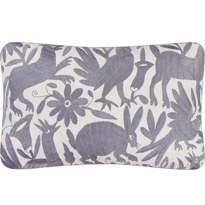 Mexican Gray on White Otomi Embroidery Pillow I. Mexican Otomi embroidery pillow. Gray floss thread on white cotton. Natural linen back, feather and down fill with invisible zipper closure. 15" x 23"