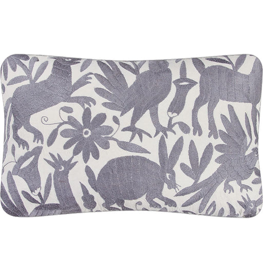 Mexican Gray on White Otomi Embroidery Pillow I. Mexican Otomi embroidery pillow. Gray floss thread on white cotton. Natural linen back, feather and down fill with invisible zipper closure. 15" x 23"