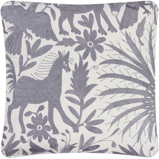 Square Mexican Gray on White Otomi Embroidery Pillow II. Mexican Otomi embroidery pillow. Gray floss thread on white cotton. Natural linen back, feather and down fill with invisible zipper closure.