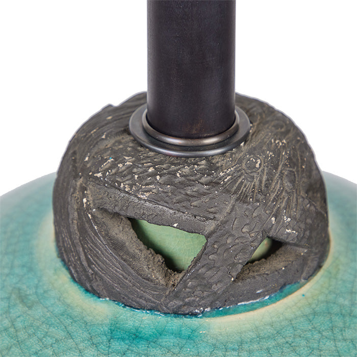 (LAMP TOP DETAIL) Celadon Crackle Glaze Table Lamp. c1940s. Ceramic body with ebony painted wood base. Custom black linen shade. All updated hardware, fittings and wiring.